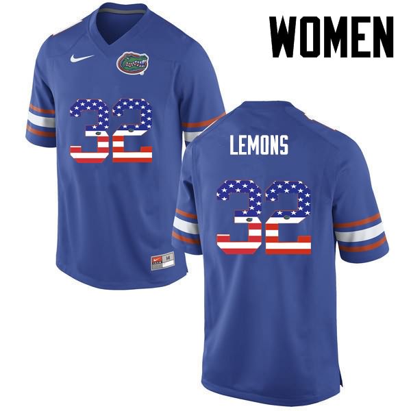 NCAA Florida Gators Adarius Lemons Women's #32 USA Flag Fashion Nike Blue Stitched Authentic College Football Jersey MDV0664QB